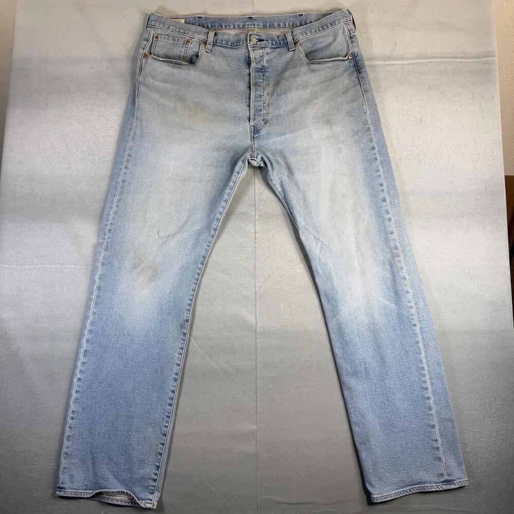 Levis Premium 501 Jeans Mens 38x34 Blue Light Wash Straight Leg Stretch Denim